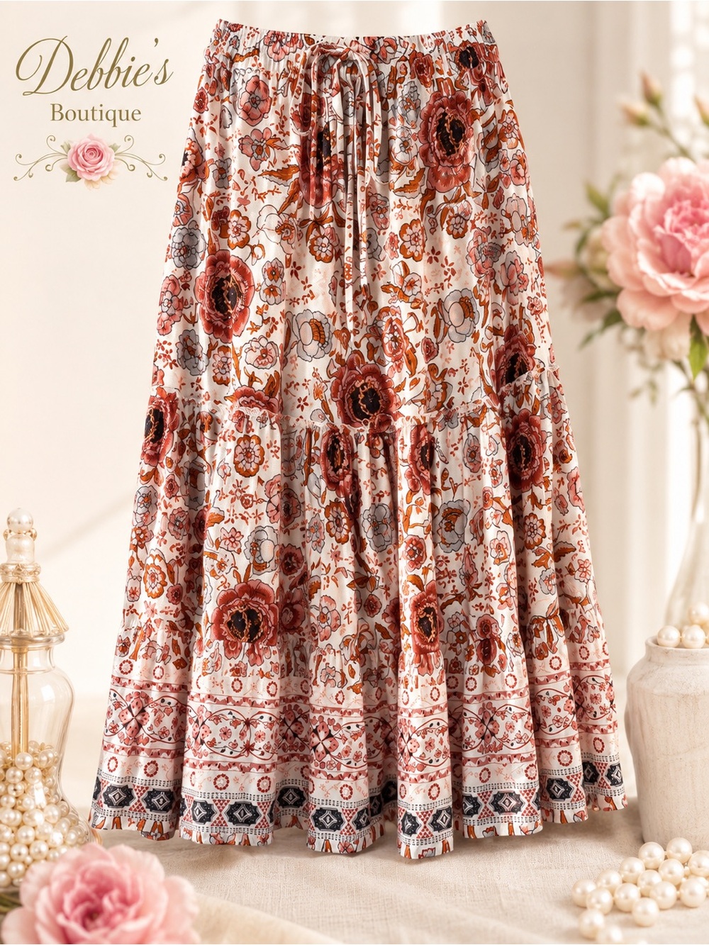 NEW MEROKEETY Boho Floral Tiered Maxi Skirt Rayon Pockets XL